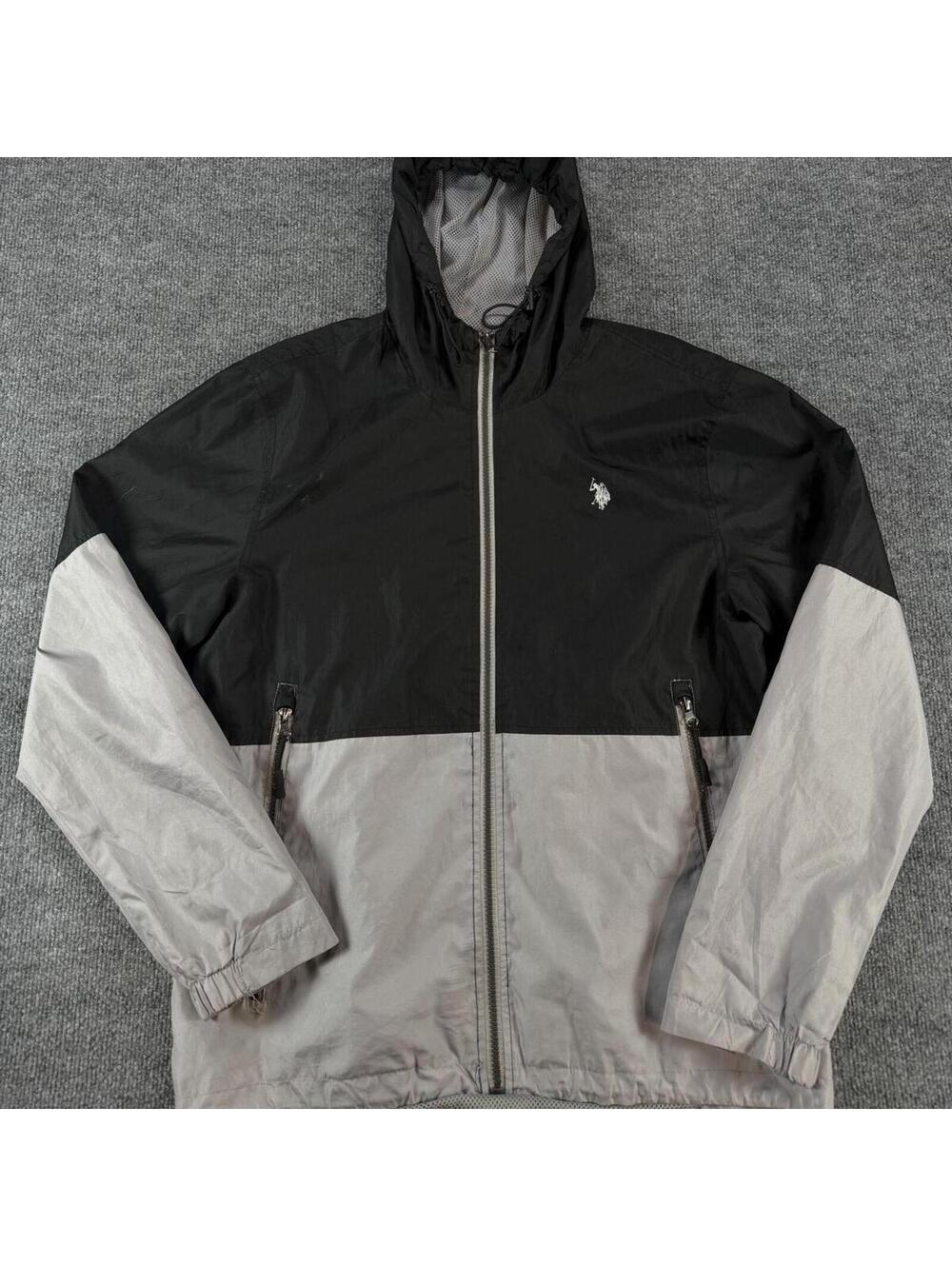 U.S. Polo Assn. Black Gray Hooded Windbreaker Jacket Med - Classic, Activewear